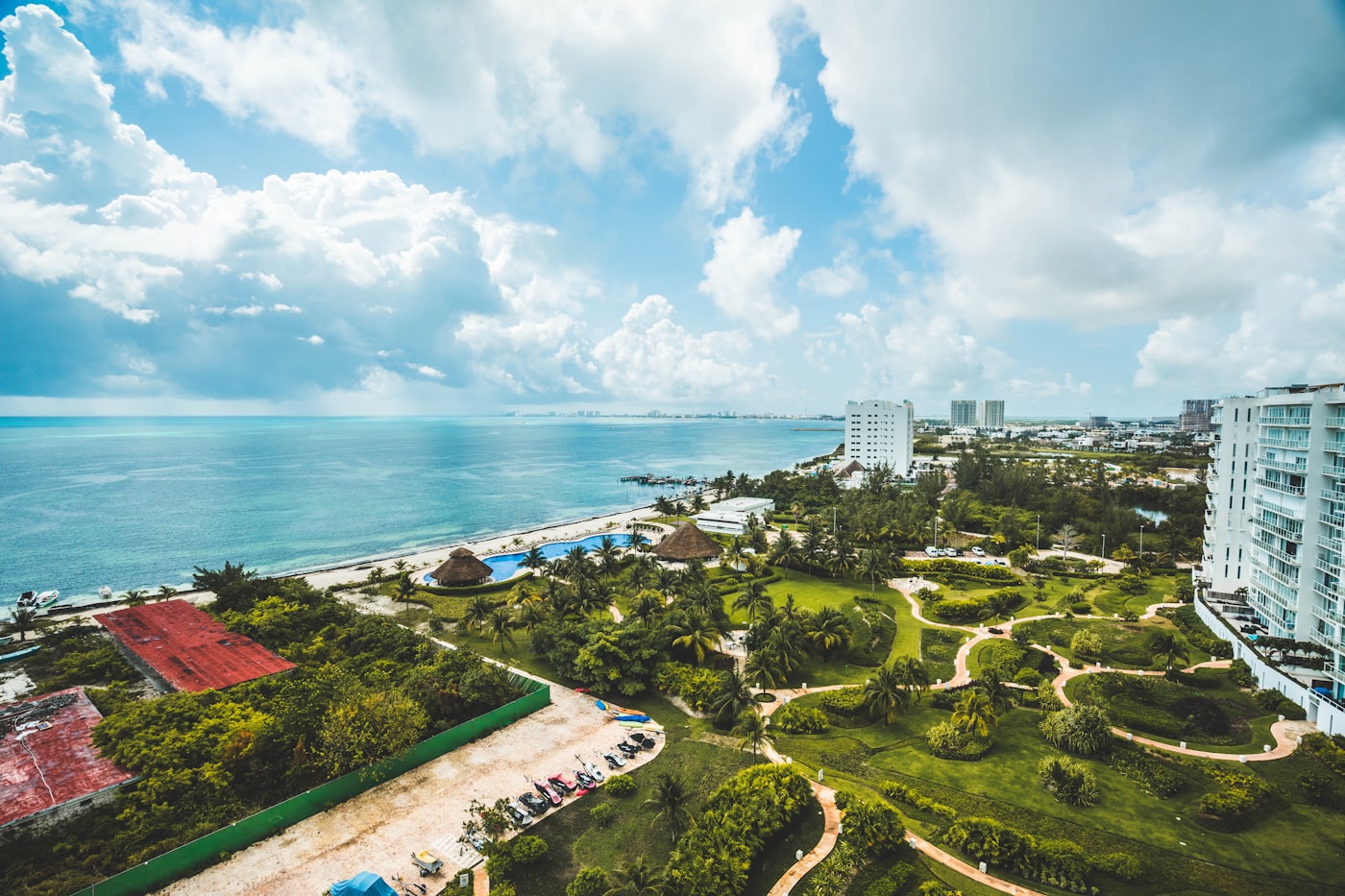 Aerial view of the Cancun hotel zone and turquoise Caribbean waters