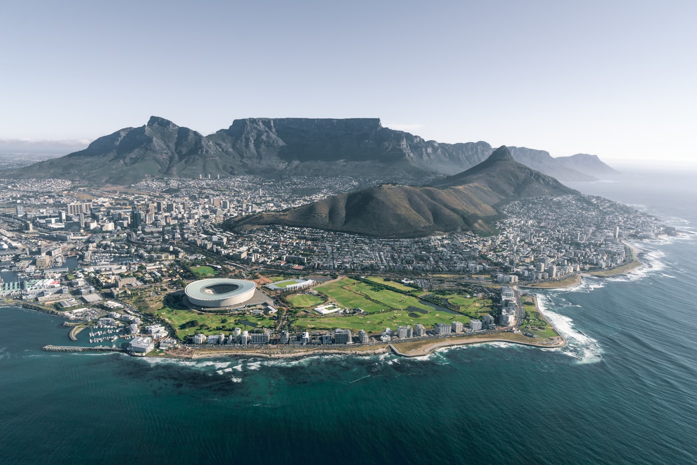 The flat top of Table Mountain overlooking the City Bowl and harbor at sunset