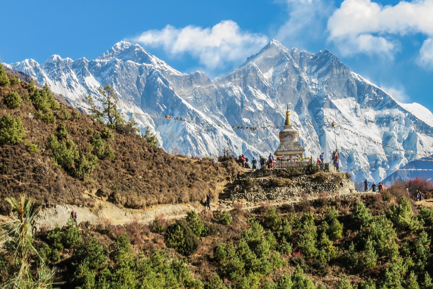 Colorful prayer flags fluttering with snow-capped Himalayan peaks in the background
